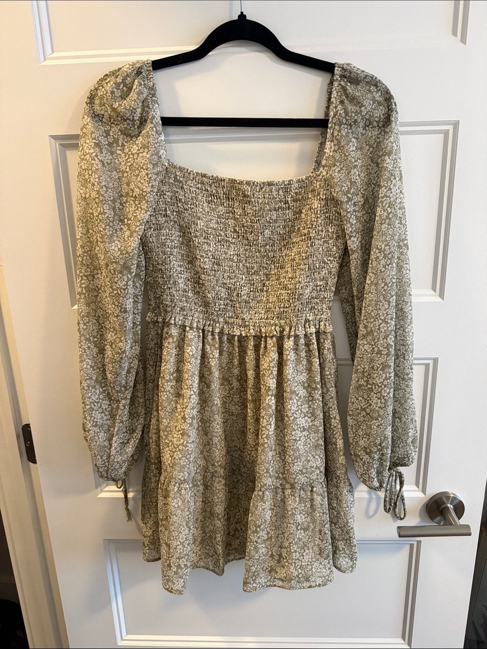 Dynamite Olive Green Floral Smocked Mini Dress